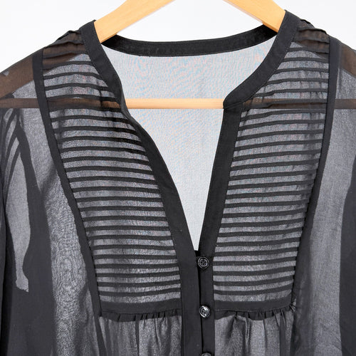 Black 100% Silk Minimalist Pintuck Pleated Sheer V Neck Peasant Blouse Top