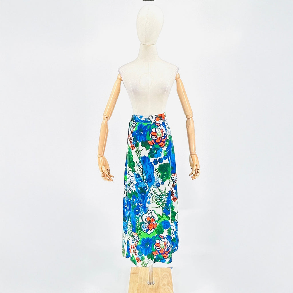 70s Handmade Blue Green Painterly Abstract Floral Maxi Skirt
