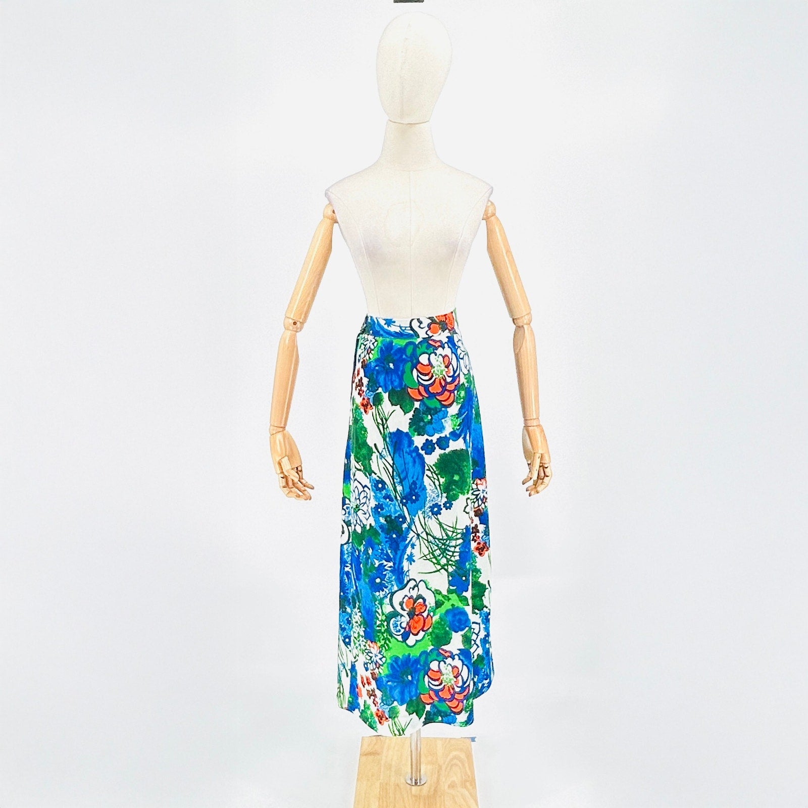 70s Handmade Blue Green Painterly Abstract Floral Maxi Skirt