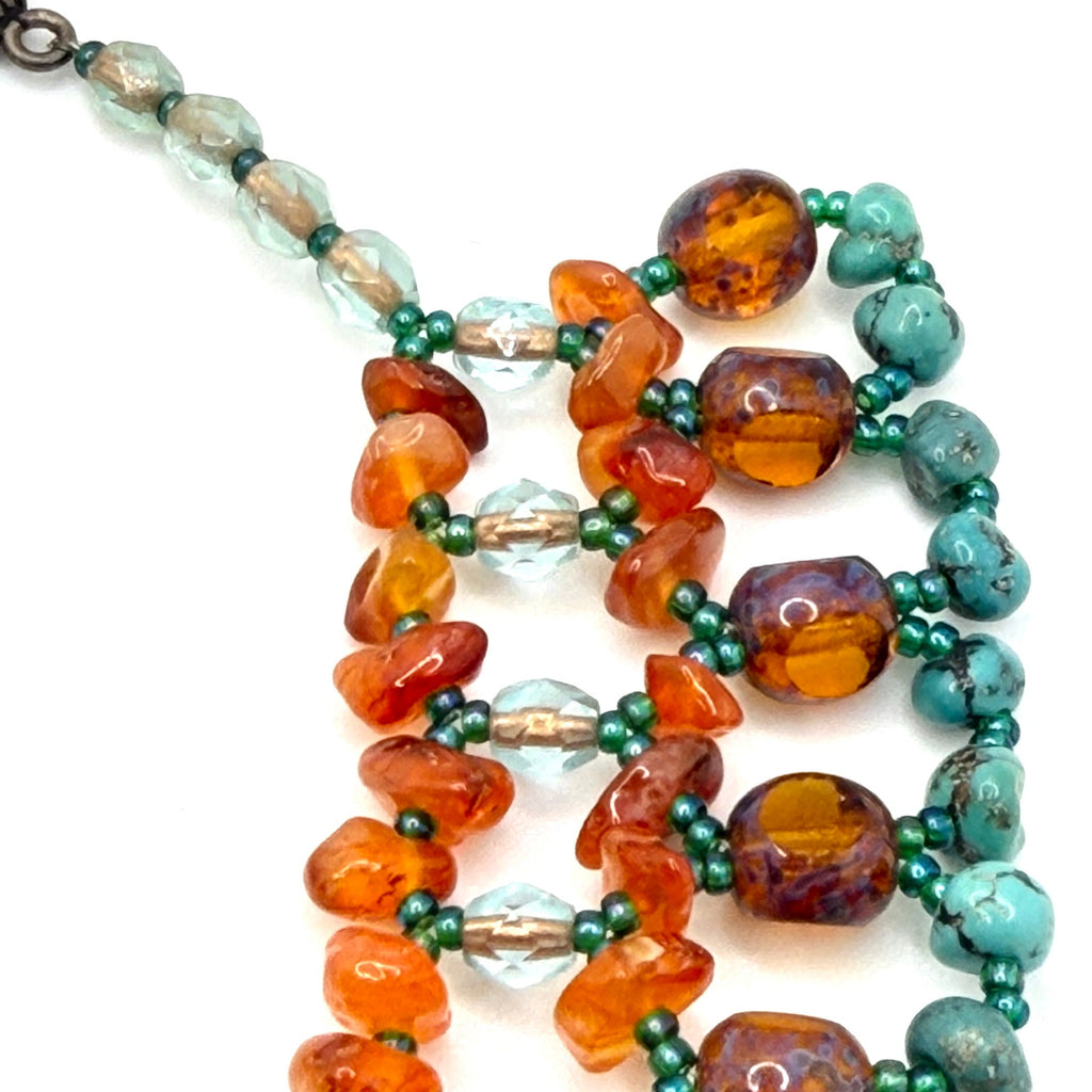 Vintage 90s Turquoise Carnelian Amber Boho Choker Fringe Statement Necklace
