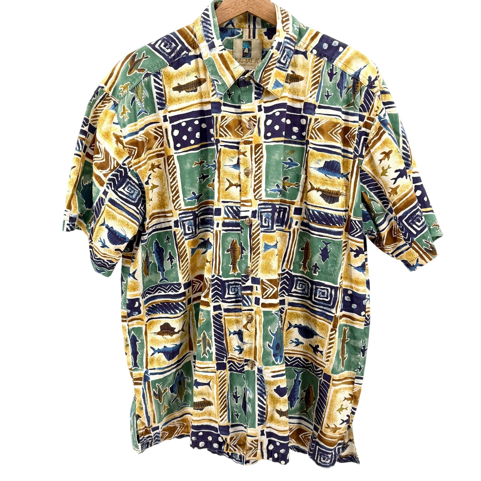Vintage 90s Kahala Blue Green Fish Print 100% Cotton Aloha Shirt