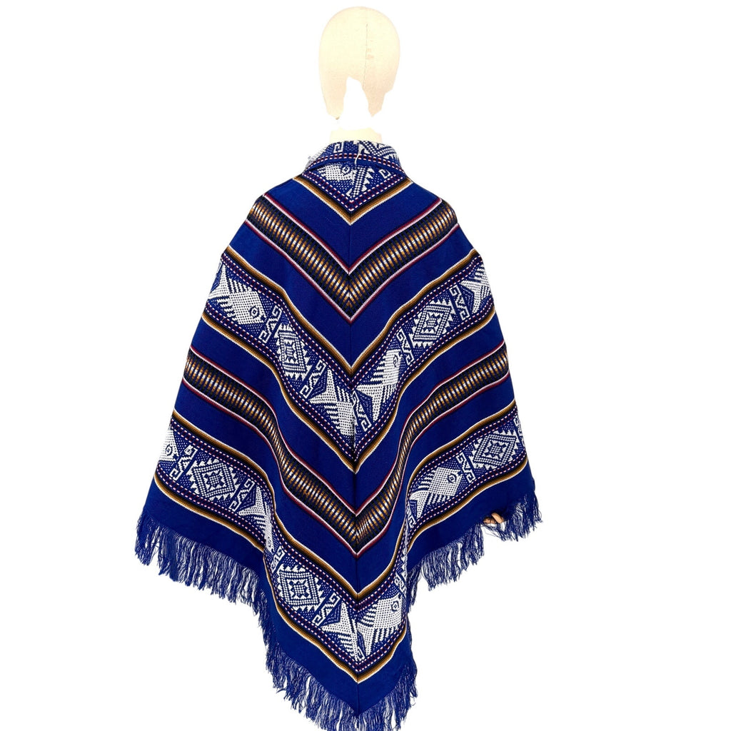 South American Blue Woven Geometric Fish Motif Tassel Fringe Poncho