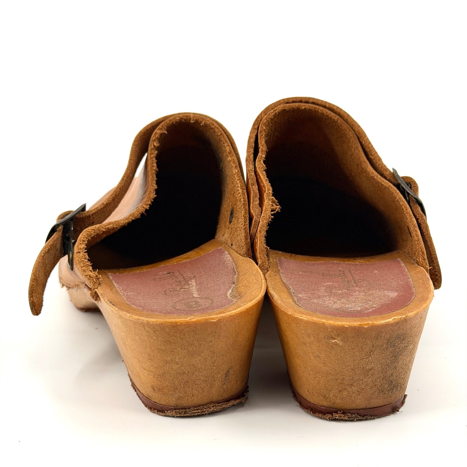 Vintage 70s Made in Italy Tan Leather Faux Wood Platform Clogs