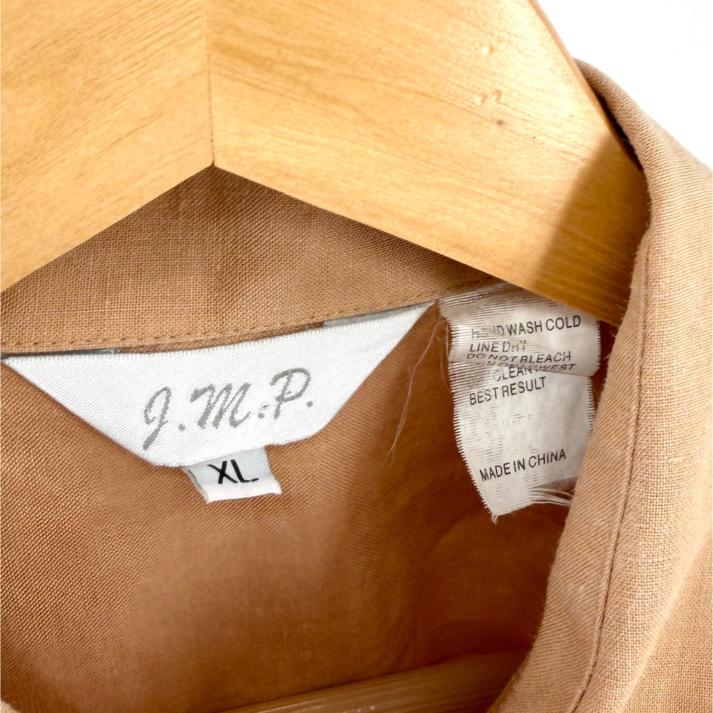 Vintage Y2K JMP Tan Pleated Four Pocket Short Sleeve Cuban Guayabera Shirt