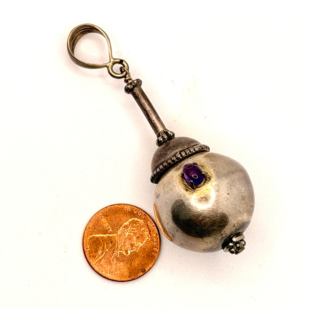 Vintage 90s Sterling Silver Amethyst Sculptural Maraca Pendant