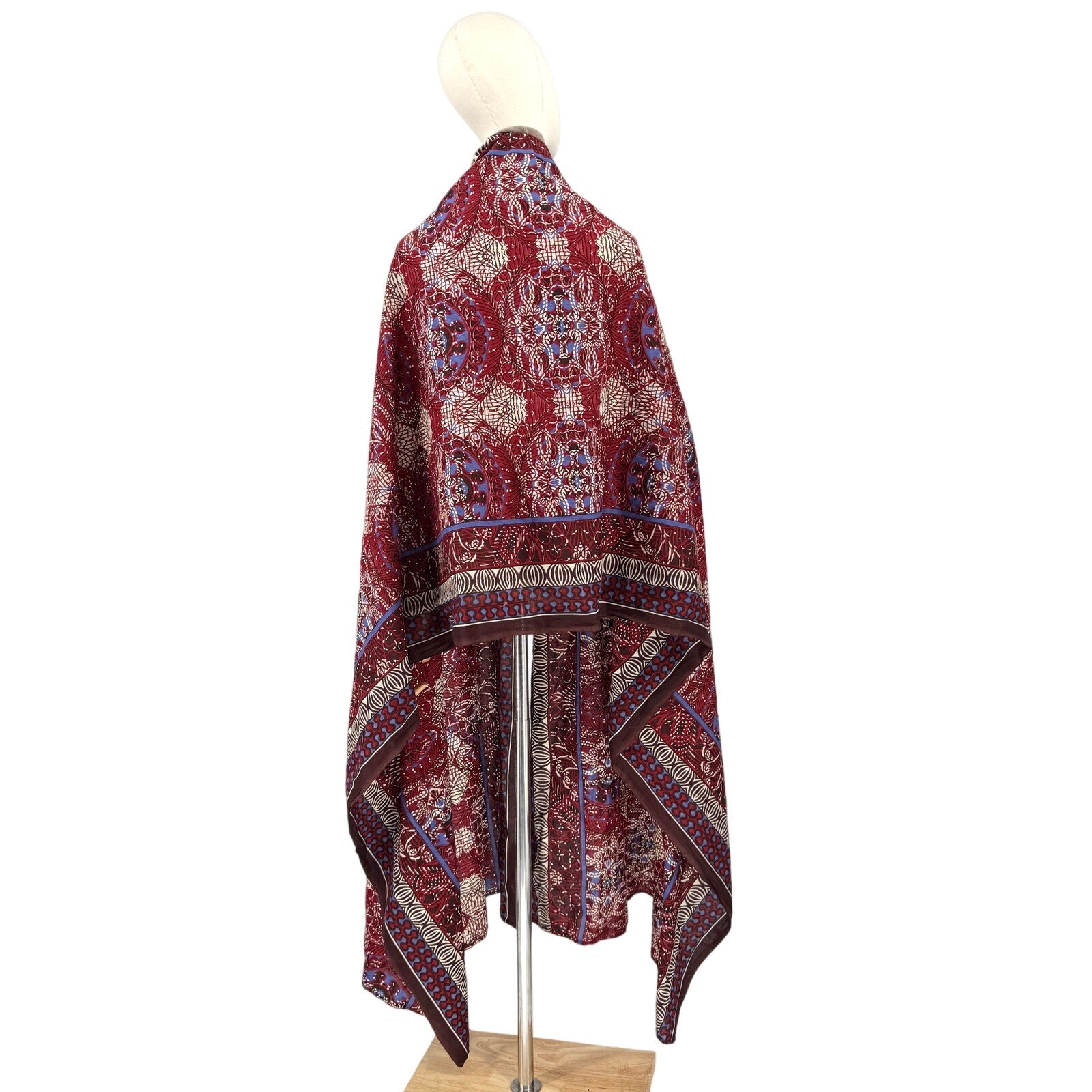 Vintage 90s Maroon Blue 100% Cotton Batik Geometric Boho Shawl Wrap