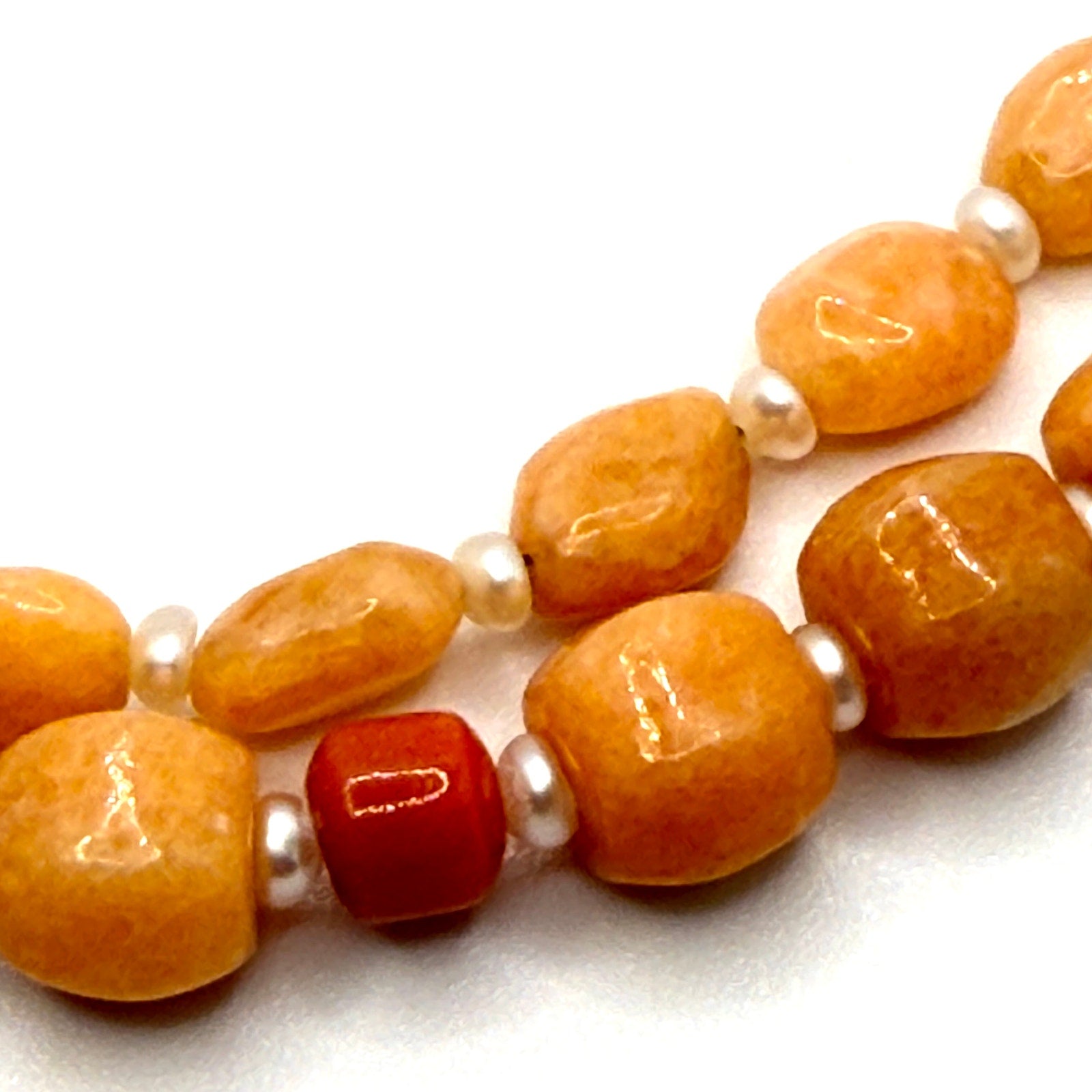 Vintage 90s Orange Jade Quartzite Pearl Red Coral Double Strand Necklace