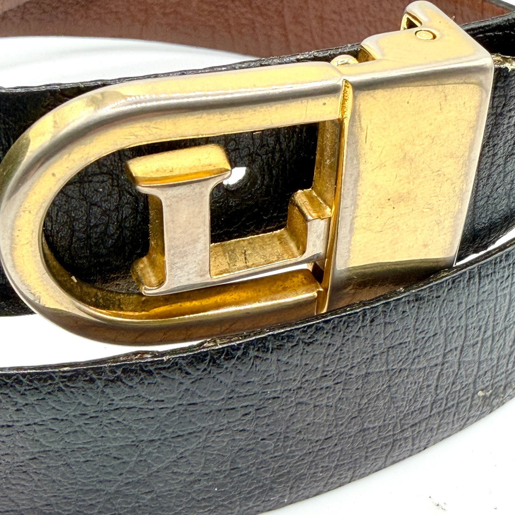 Vintage 80s Pierre Cardin Black Brown Leather Reversible L Buckle Belt