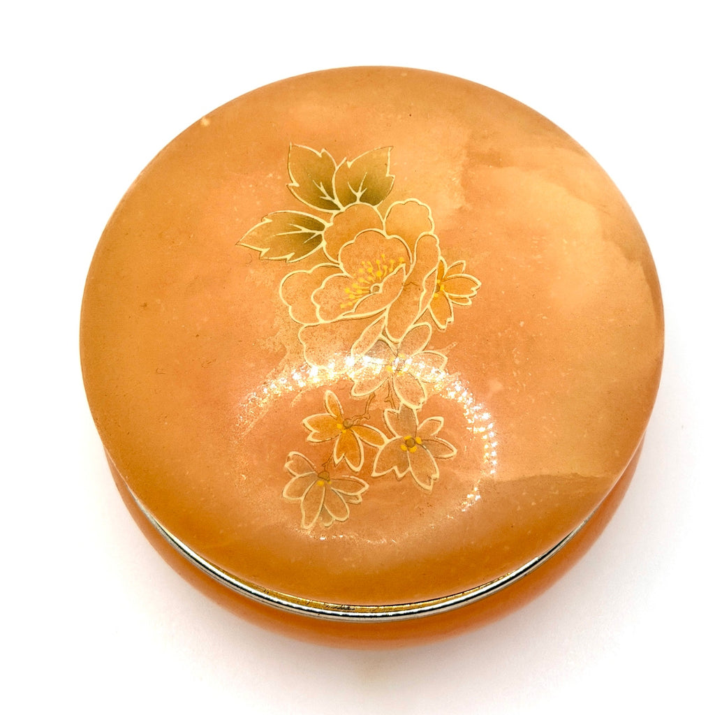 Vintage 70s Italian Hand Carved Peach Alabaster Hand Painted Round Trinket Box