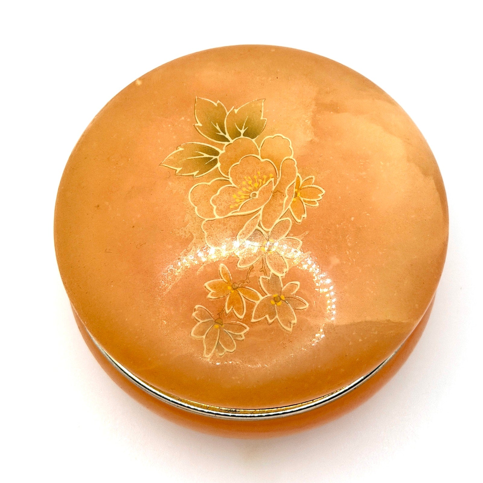 Vintage 70s Italian Hand Carved Peach Alabaster Hand Painted Round Trinket Box