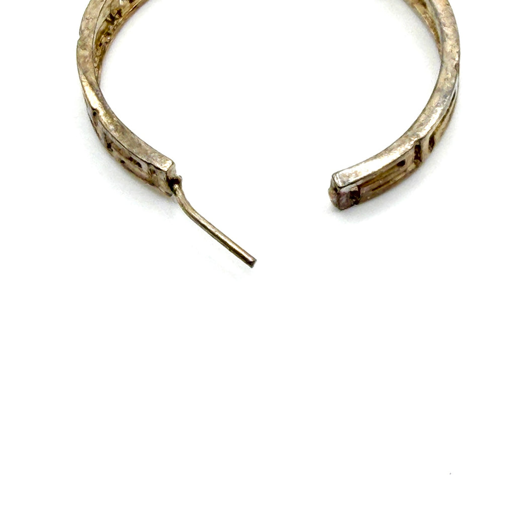 Vintage 90s Sterling Silver Greek Key Cutout Open Hoop Earrings