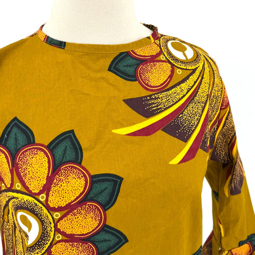 Grass-fields Olive Green Ocher 100% Cotton African Print Bell Sleeve Mini Dress