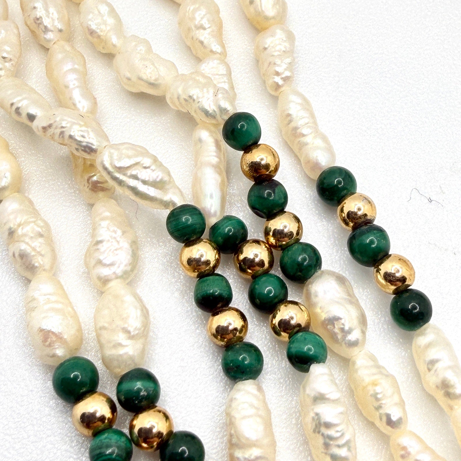 Vintage 80s Multi Strand Rice Pearl Malachite Necklace Bracelet Jewelry Set