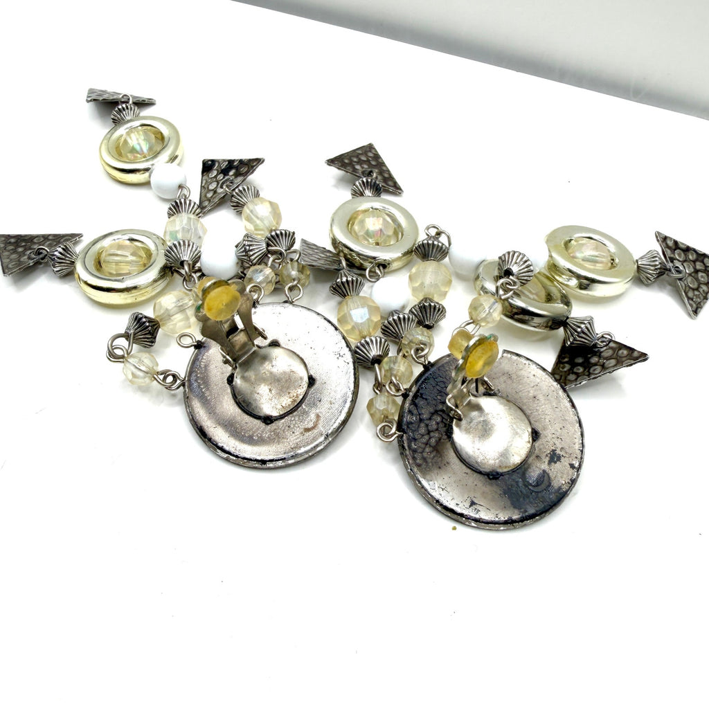 Vintage 80s Silver White Lucite Geometric Chandelier Statement Clip On Earrings