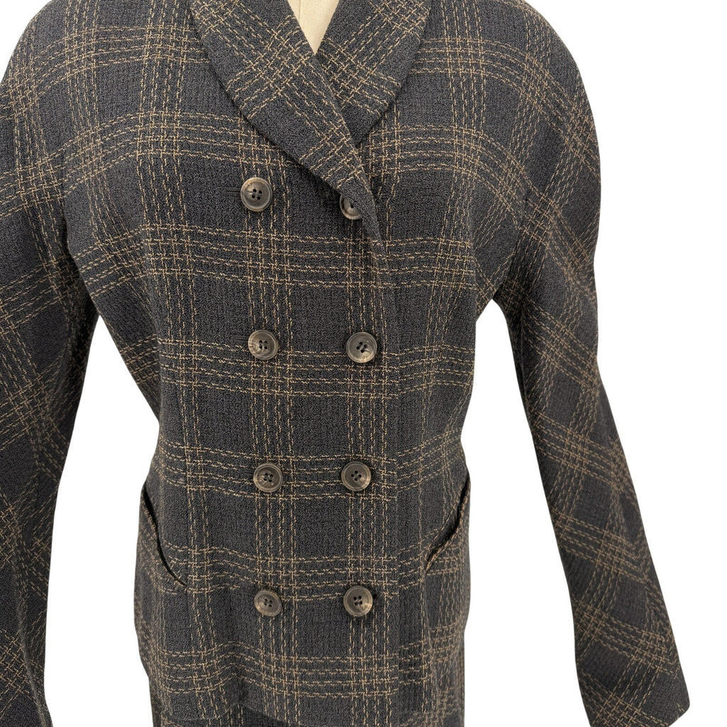 Vintage 90s Emanuel Ungaro Gray Wool Plaid Double Breasted Blazer Skirt Suit