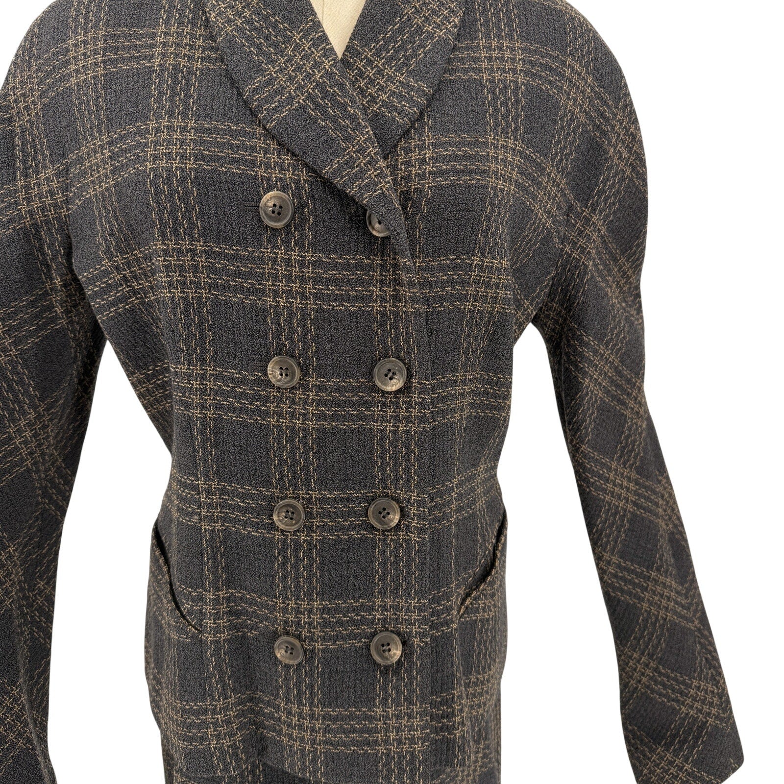 Vintage 90s Emanuel Ungaro Gray Wool Plaid Double Breasted Blazer Skirt Suit