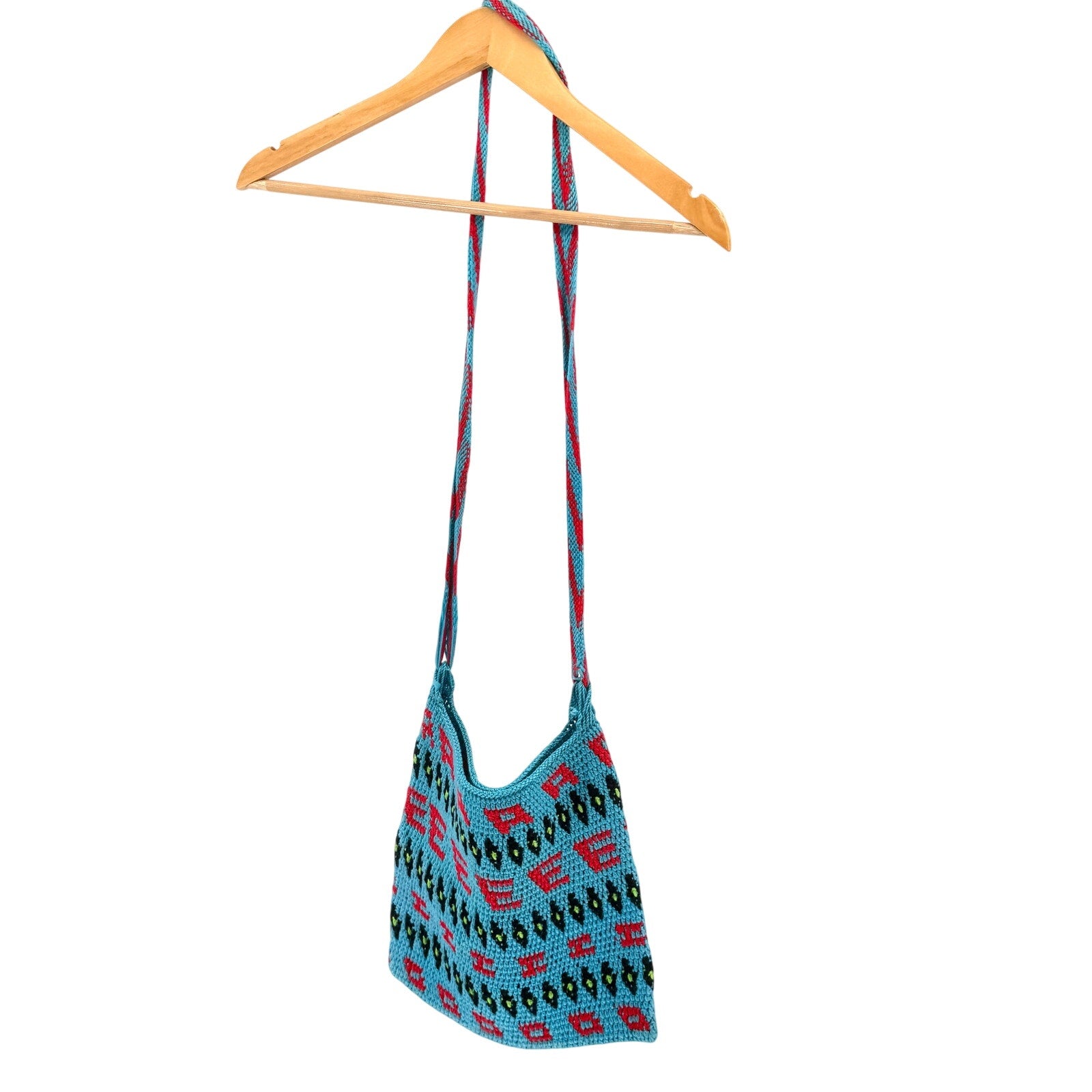 Vintage 90s Blue Graphic Woven Handmade South American Crossbody Bag
