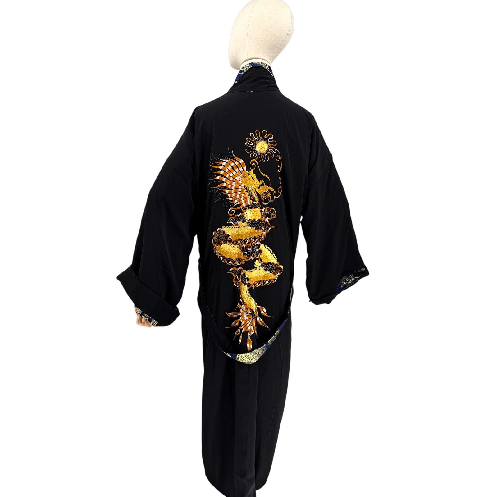 Vintage 90s Blue Gold Reversible Embroidered Black Dragon Kimono Robe