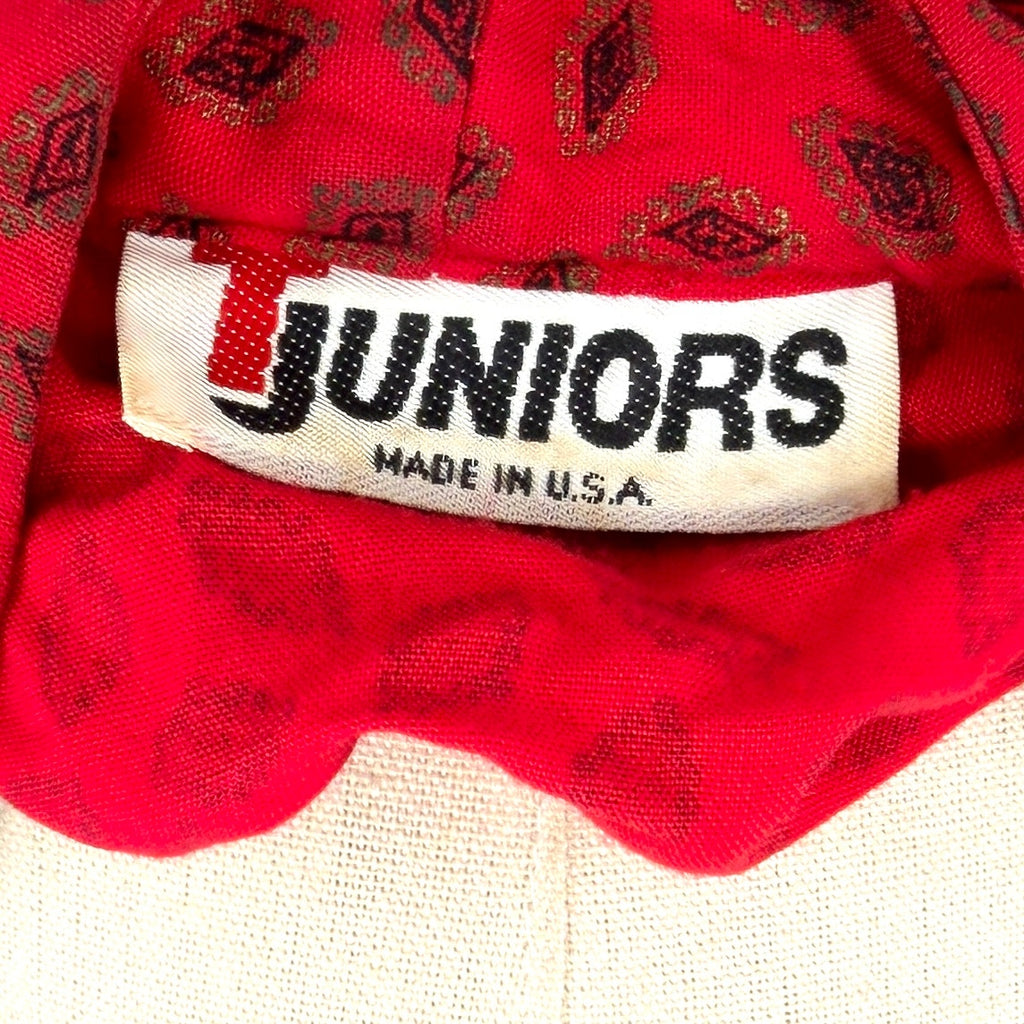Vintage 80s T Juniors Red Patterned Rayon Belted Shoulder Pad Midi Dress