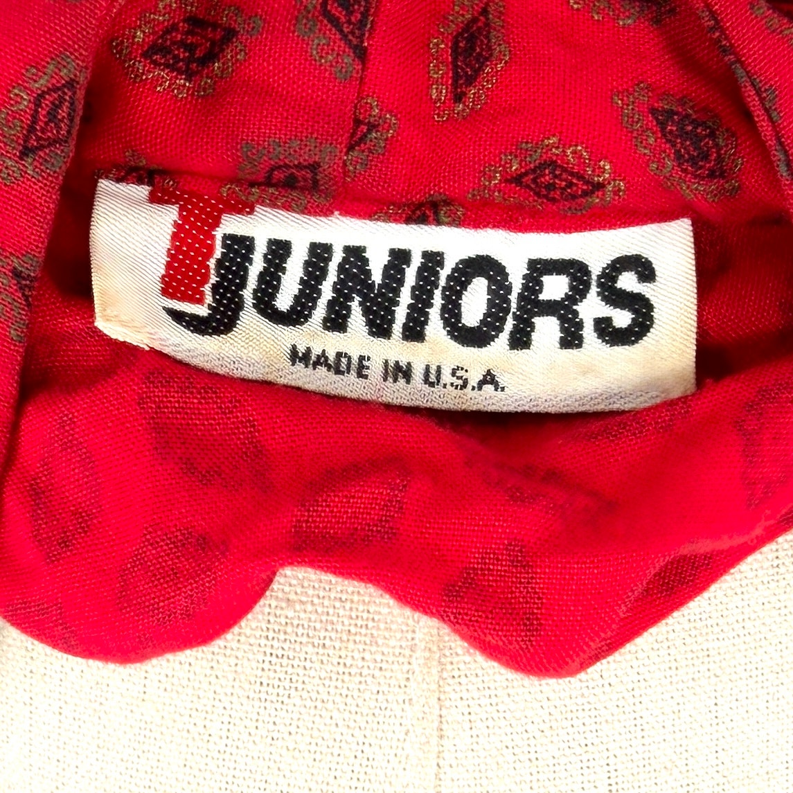 Vintage 80s T Juniors Red Patterned Rayon Belted Shoulder Pad Midi Dress