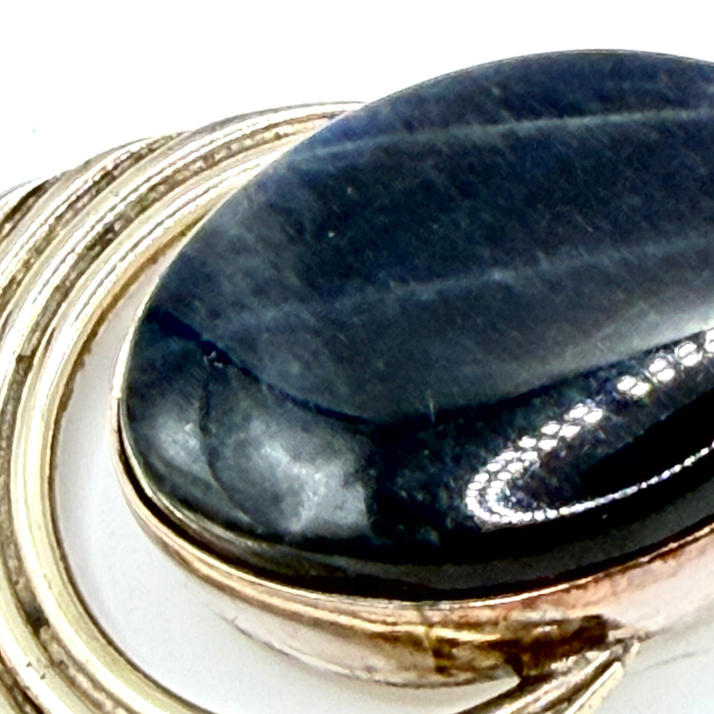 Vintage 90s Blue Tiger Eye Stamped Sterling Silver Modernist Crescent Pendant