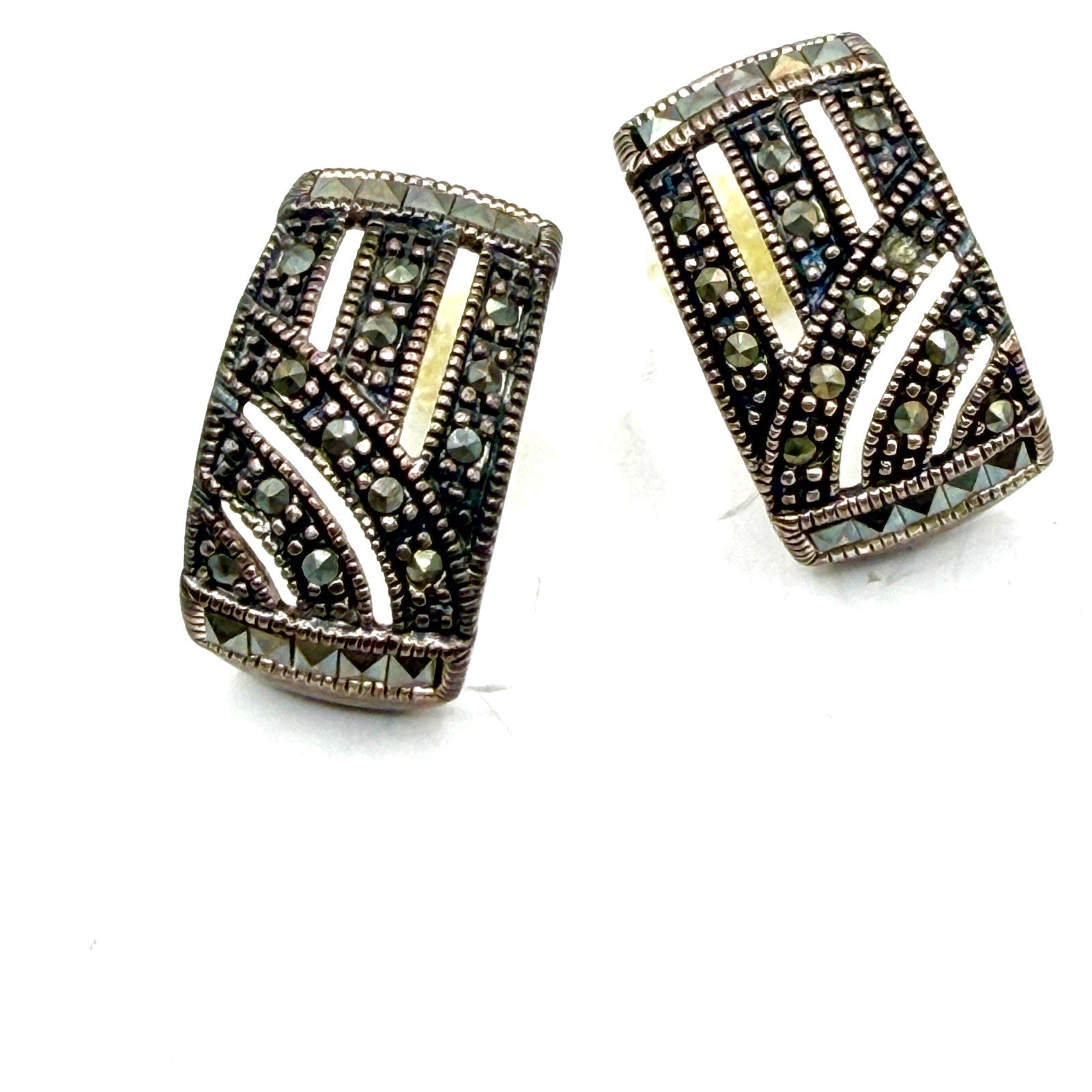 Vintage 90s Sterling Silver Stamped Marcasite Geometric Huggie Earrings