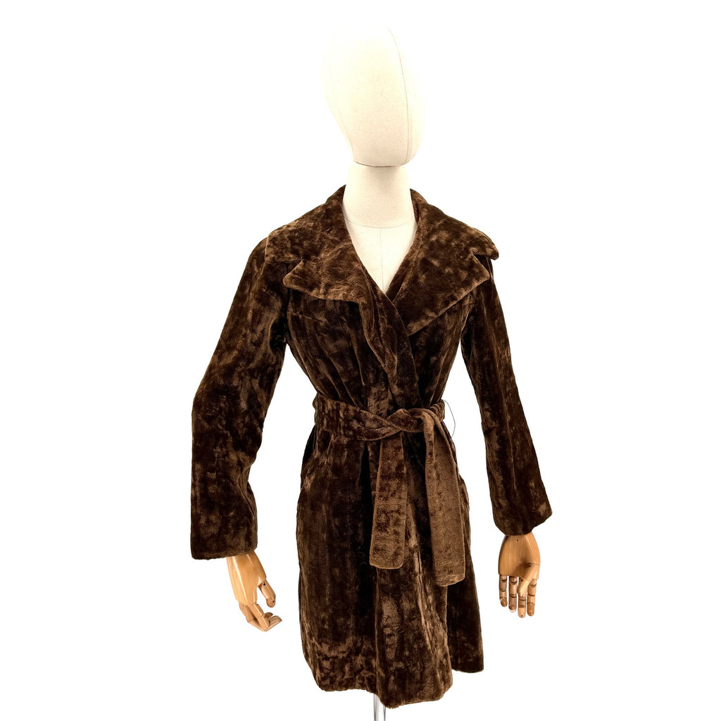 Vintage 50s Chocolate Brown Copper Faux Fur Belted Wrap Coat