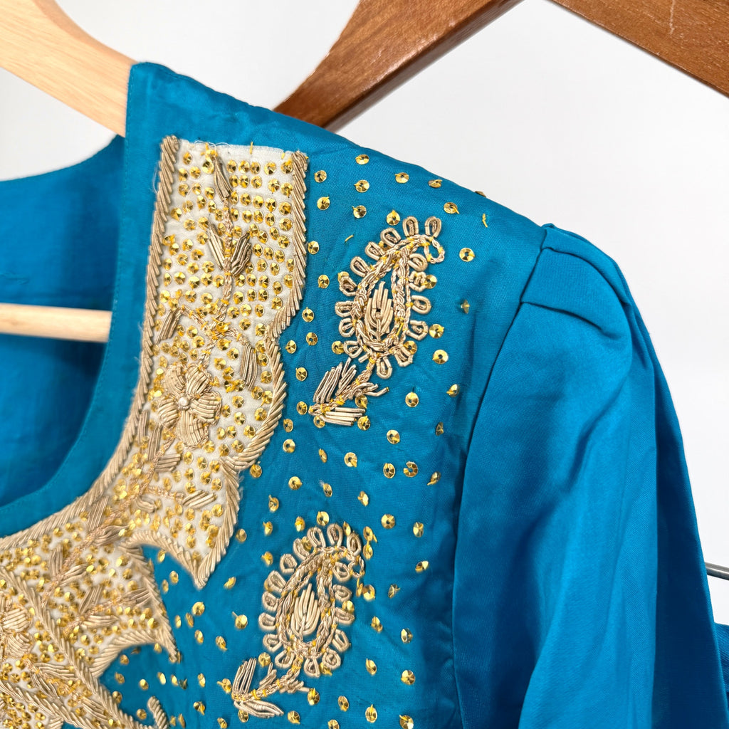 Handmade Blue Ornate Gold Embroidered Sequin Indian Salwar Kameez Suit Set
