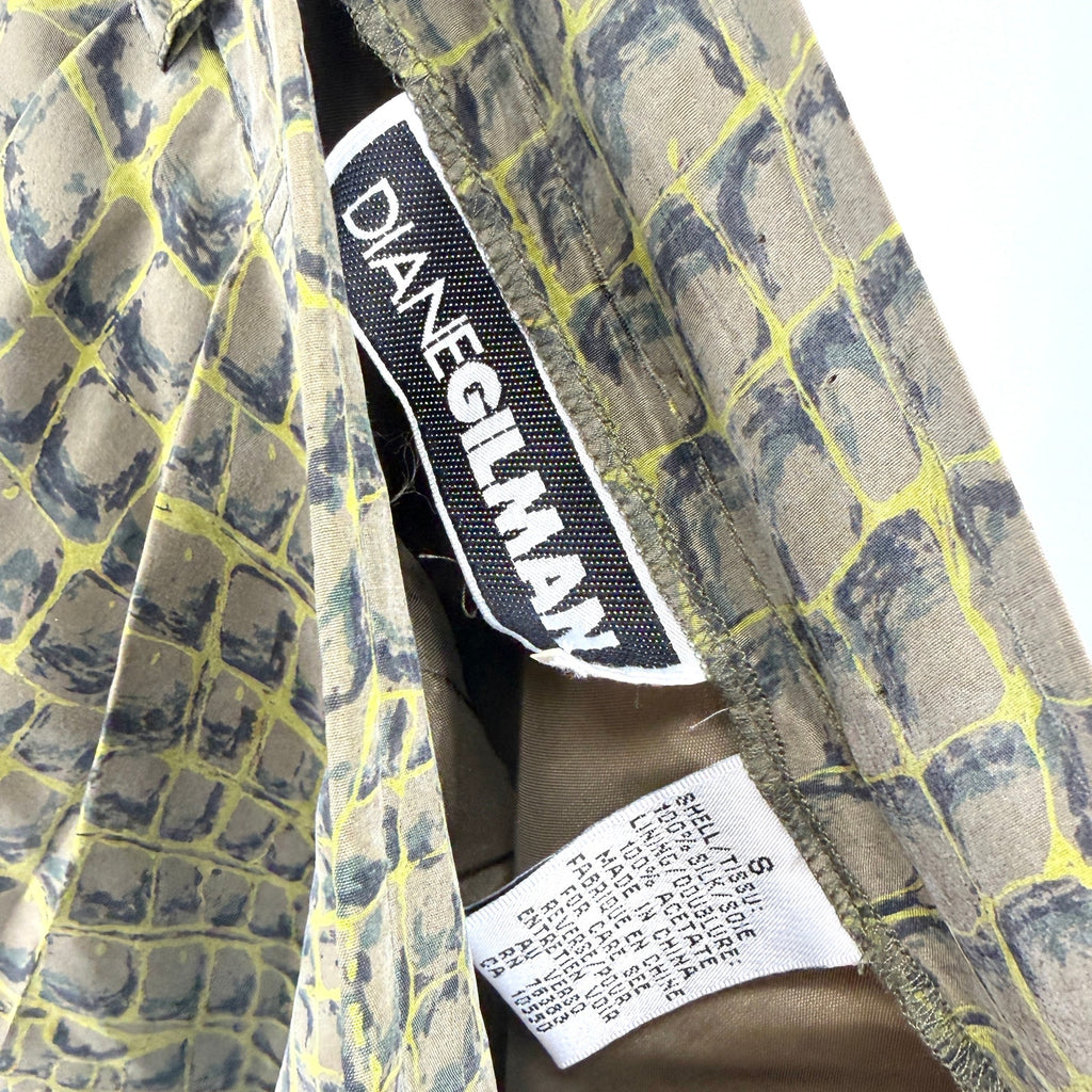 Vintage 90s Diane Gilman Green 100% Silk Alligator Croc Print Taper Leg Pants