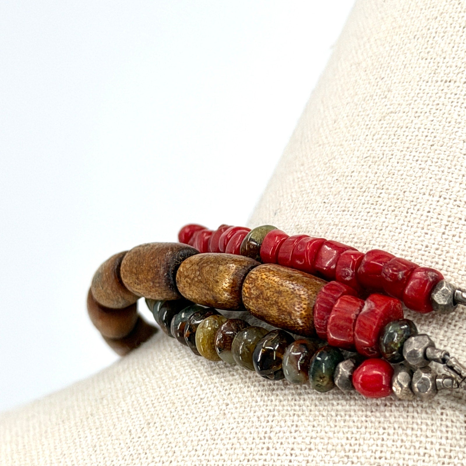 Vintage Y2K Red Coral Unakite Wood Multi Strand Toggle Necklace