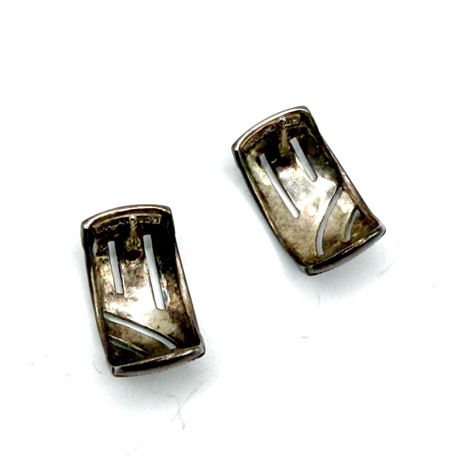 Vintage 90s Sterling Silver Stamped Marcasite Geometric Huggie Earrings