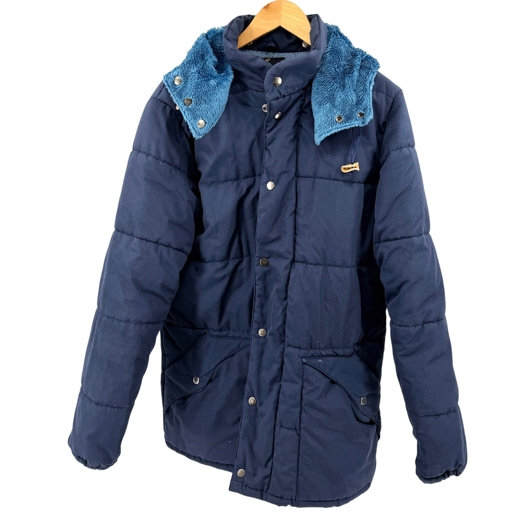 Vintage 70s Sears Navy Blue Snapped Removable Hood Puffer Parka Jacket