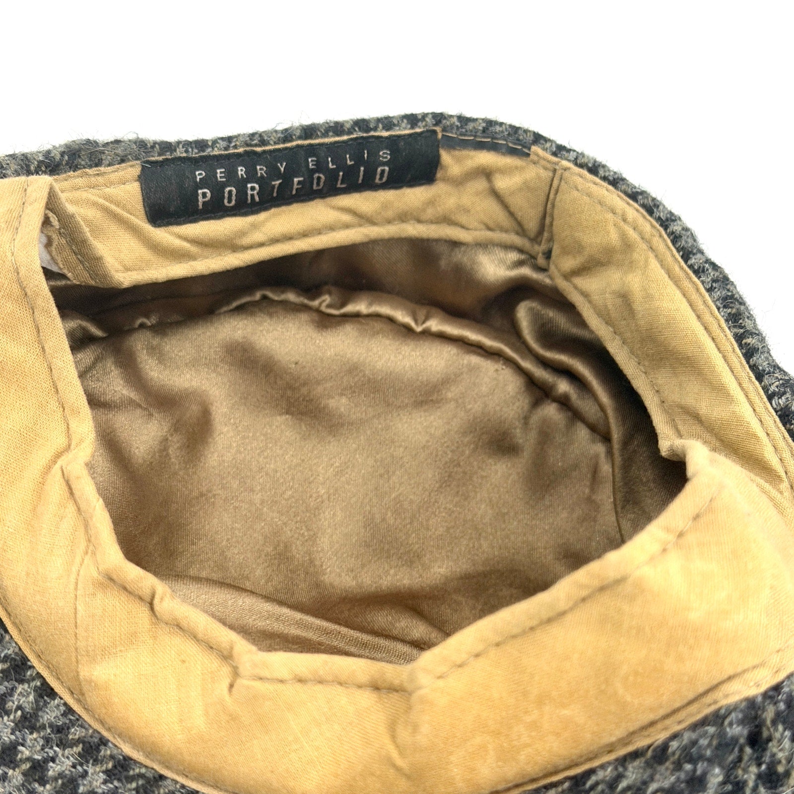 Vintage 90s Perry Ellis Portfolio Grey Black Houndstooth 100% Wool Newsboy Hat