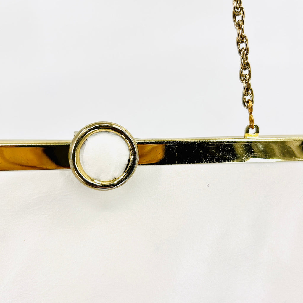 Vintage 80s White Leather Gold Frame Clutch Shoulder Bag Chain Strap
