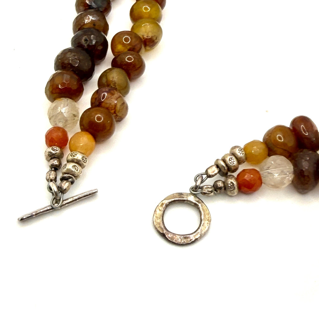 Vintage 90s Multi Earth Tone Agate Sterling Silver Stamped Two Strand Necklace