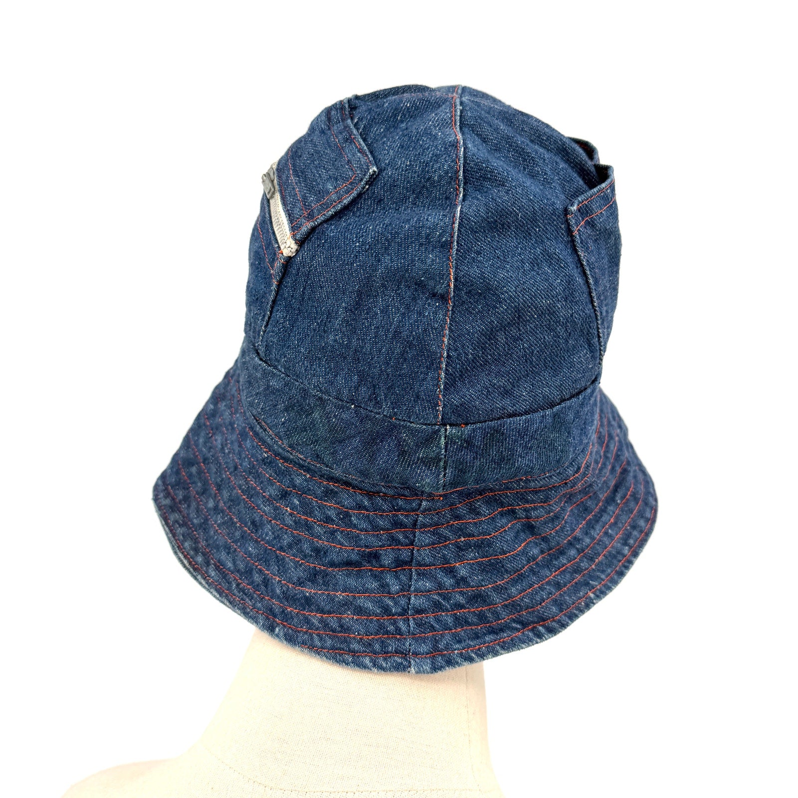 Vintage 70s Handmade Blue Denim Steel Zipper Utility Bucket Hat