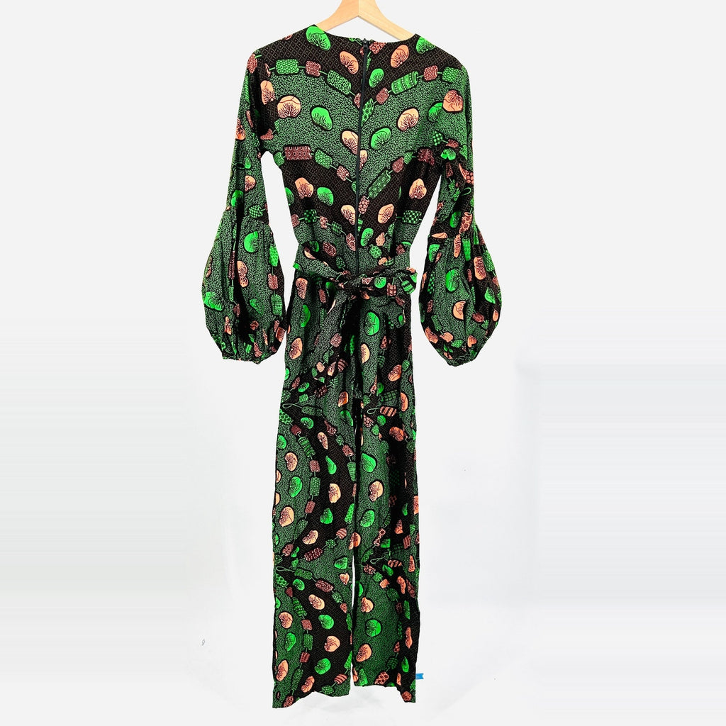 NWT Tribalbyn Green Coral Mushroom Ankara Print Cotton Balloon Sleeve Jumpsuit