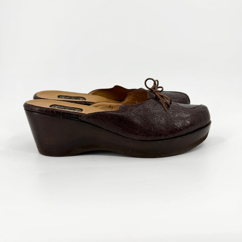 Vintage Y2K Salpy Brown Genuine Leather Wood Platform Clog Mules