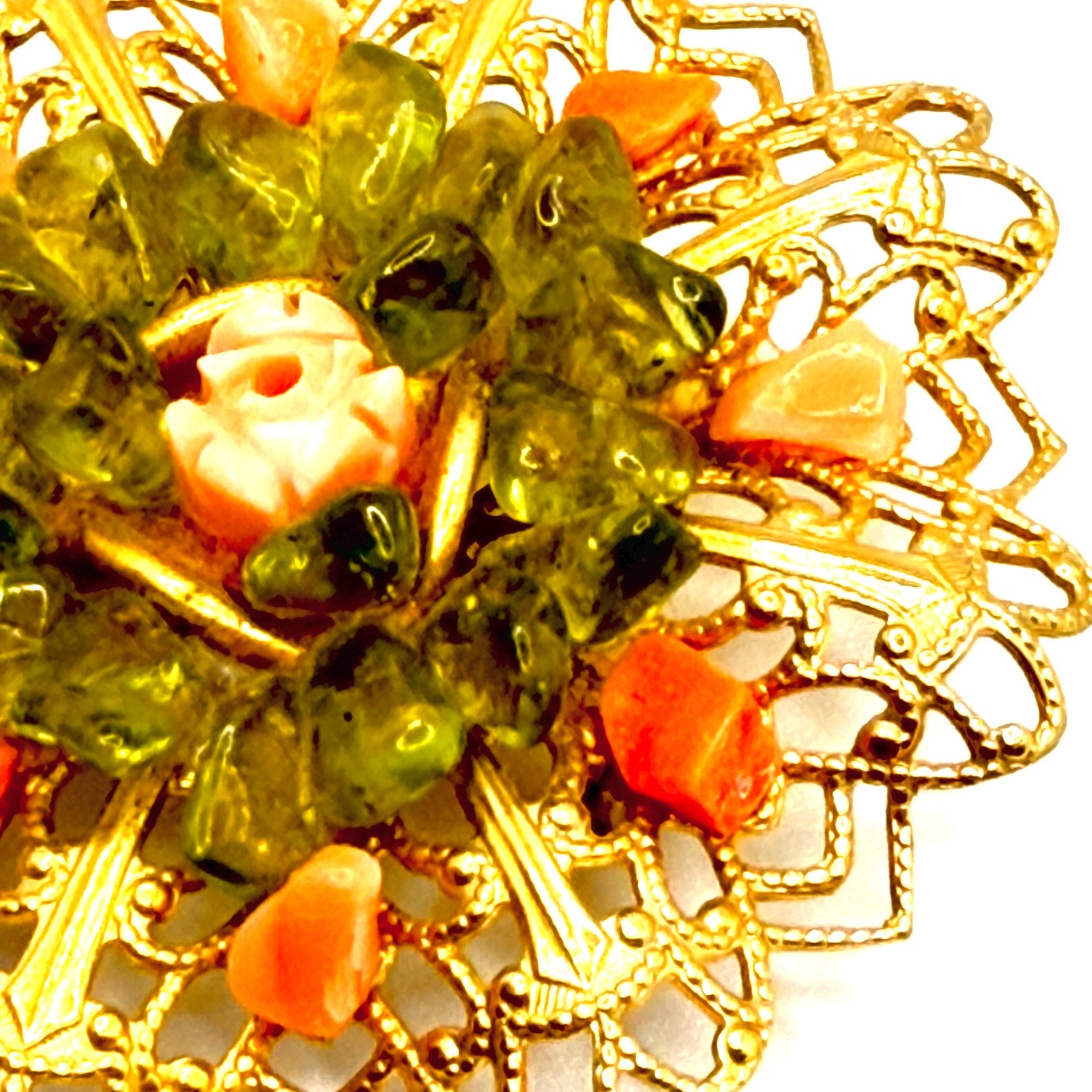 Vintage 70s Gold Filigree Green Peridot Pink Coral Carved Rose Floral Brooch