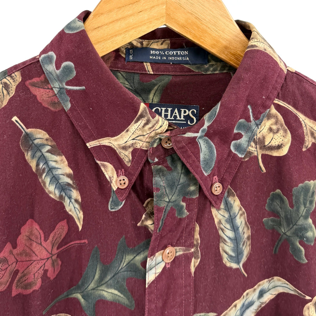 Vintage 90s Chaps Ralph Lauren Maroon 100% Cotton Leaf Print Button Up