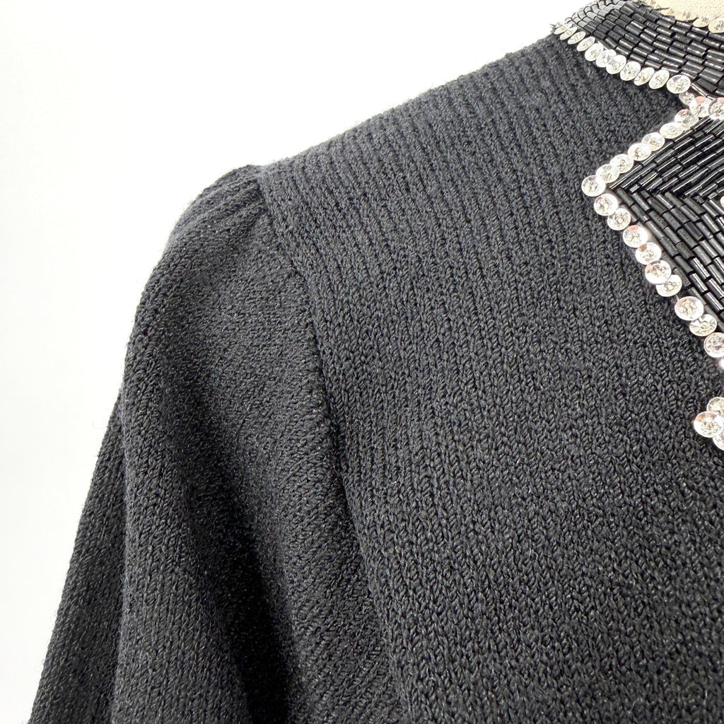 Vintage 80s Lillie Rubin Black Wool Blend Beaded Cutout Glam Sweater Dress