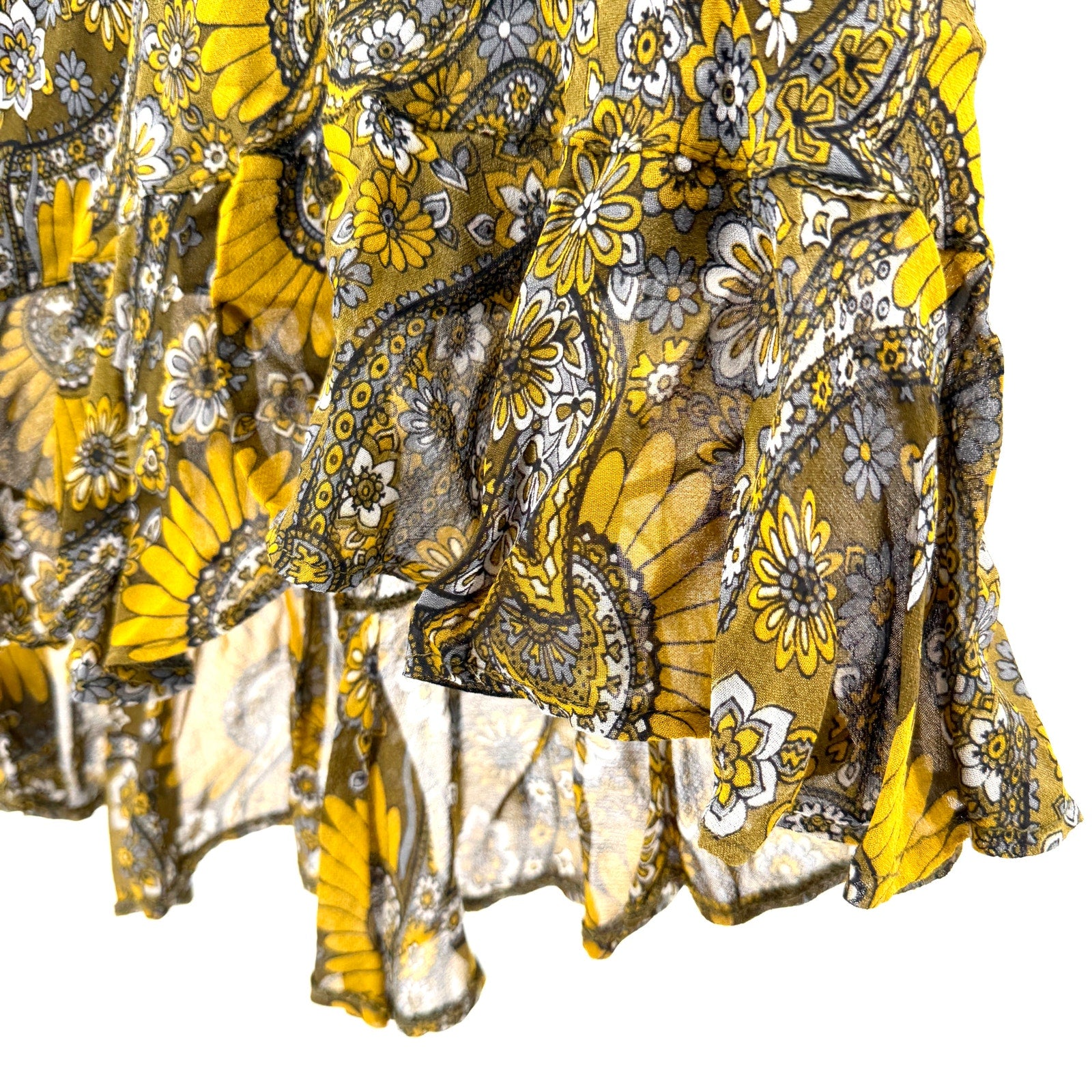 Vintage Y2K Sharagano Paris Yellow Paisley Viscose Ruffle High Low Skirt