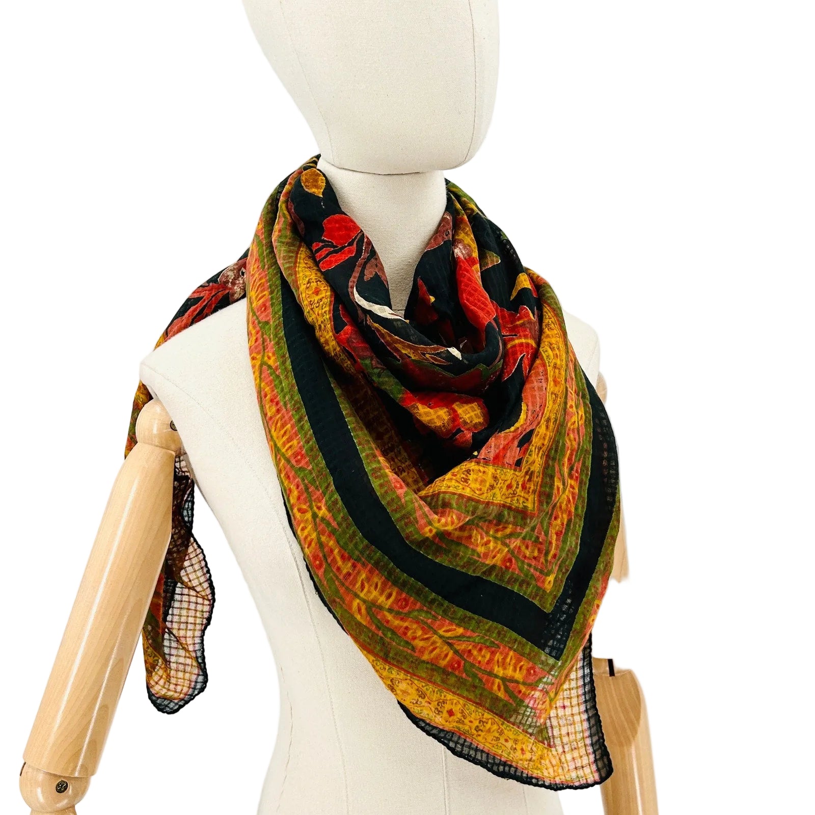 Vintage 70s Black Yellow Floral Handrolled Cotton Scarf