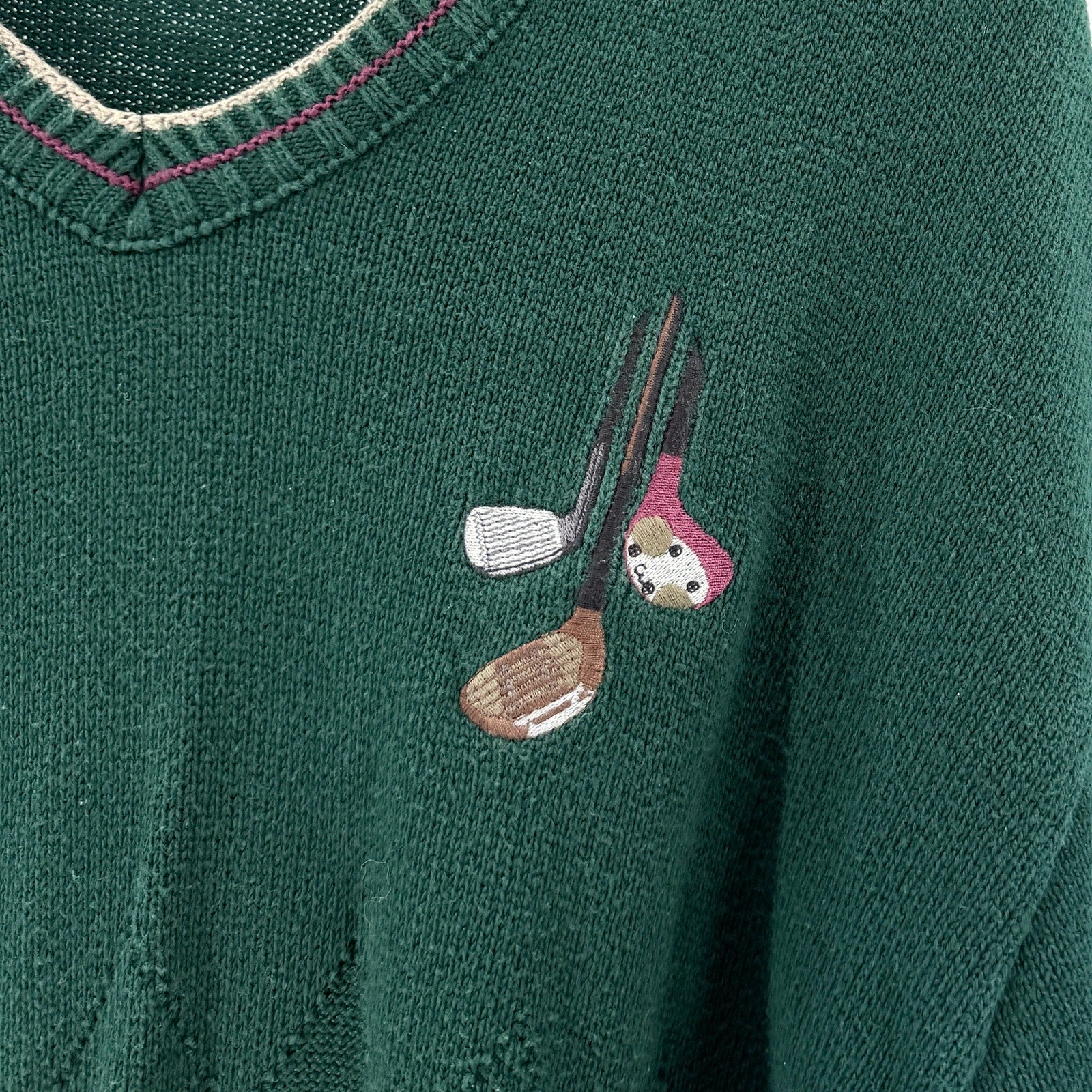 Vintage 90s Pinnacle Forest Green 100% Cotton Embroidered Golf V-Neck Sweater
