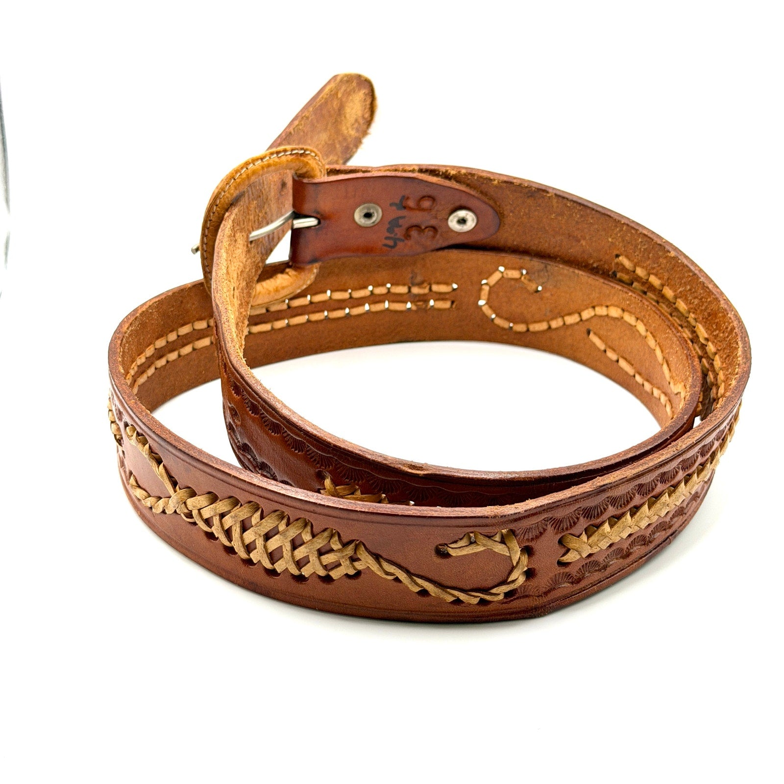 Vintage 70s Western Genuine Leather Artisan Tooled Whipstitch Unisex Waist Belt