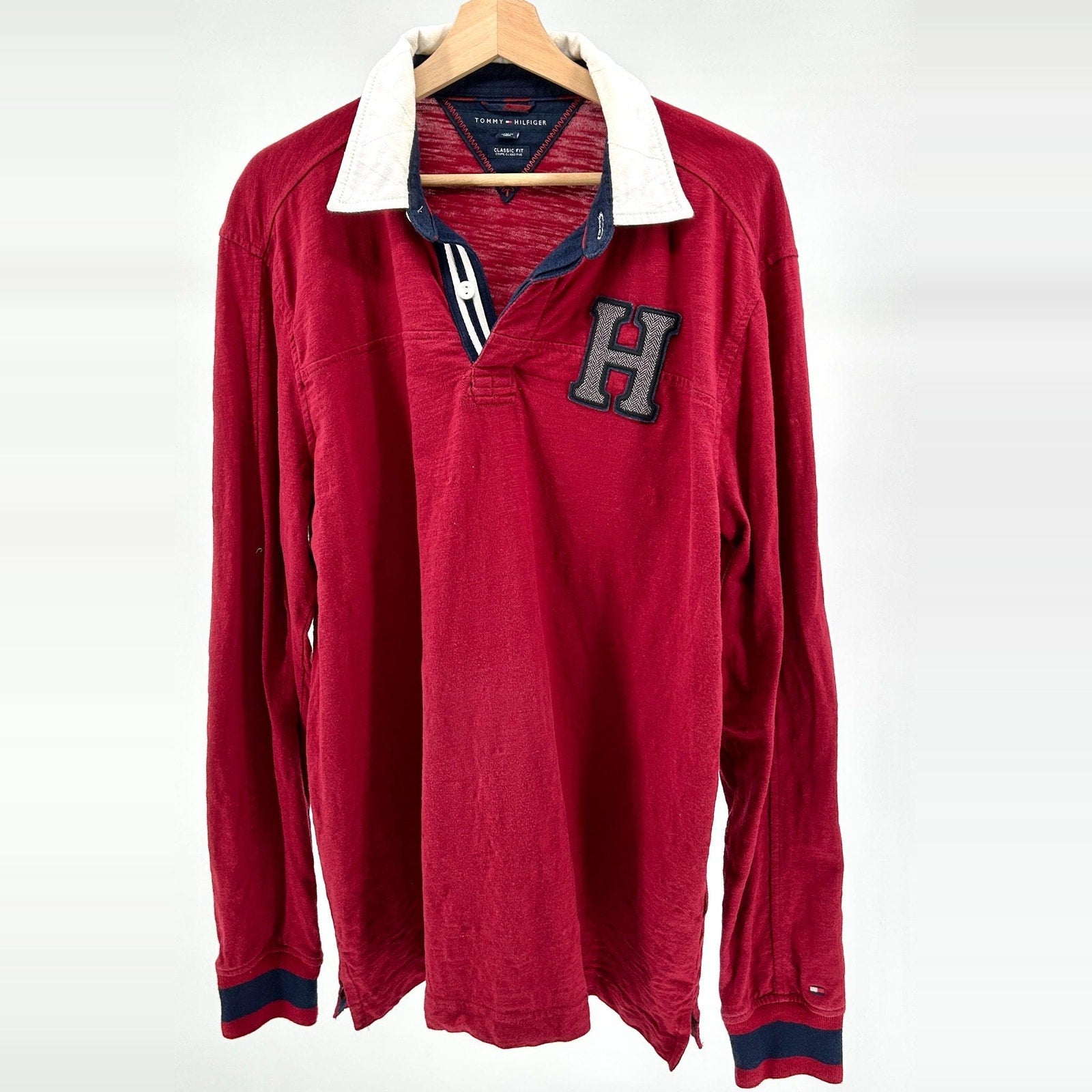 Tommy Hilfiger Red Navy White Rugby Polo Shirt Elbow Patches