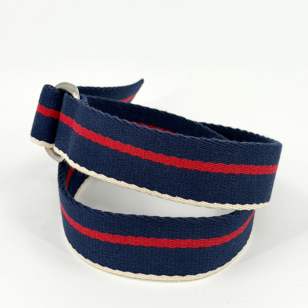 Navy Blue Red Striped Woven Nautical Preppy D-Ring Belt