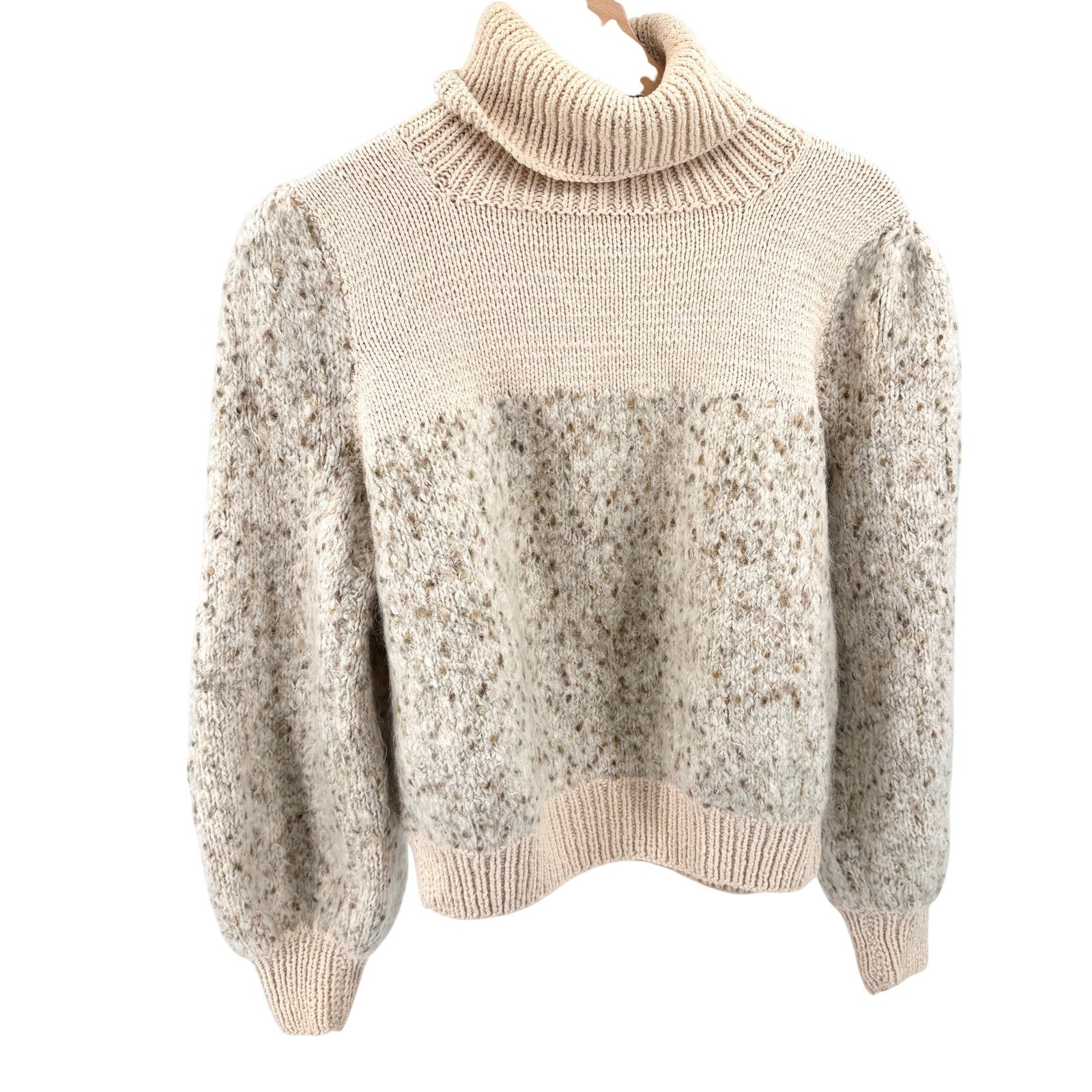 Vintage 80s Handmade Cream Beige Chunky Turtleneck Balloon Sleeve Sweater