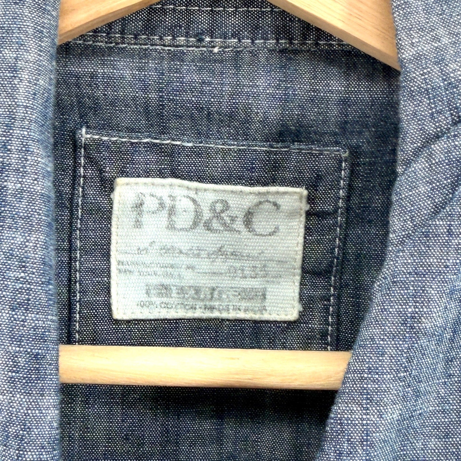 PD&C Blue Denim Chambray 100% Cotton Pearl Snap Western Button Down Shirt