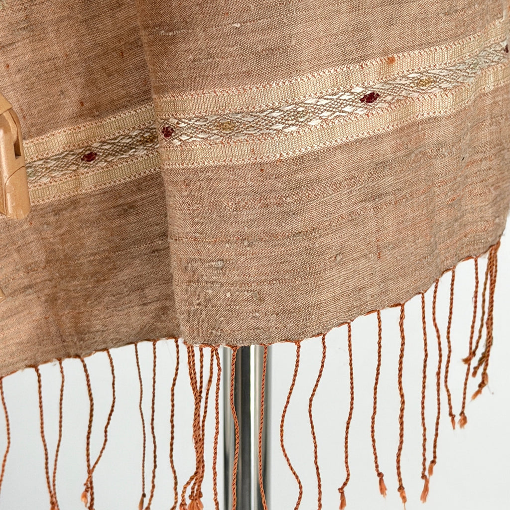 Beige 100% Silk Tribal Woven Raw Texture Fringe Wrap Scarf